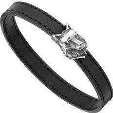 Pulsera de piel negra con cierre en forma de cabeza de lobo de plata