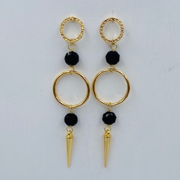 Aretes Punta con Cristal Negro - Baño de Oro 18K