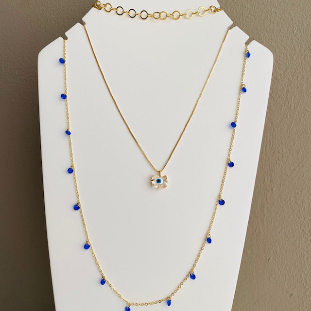 Collar Largo con Cristalitos Azules- baño de oro 18K