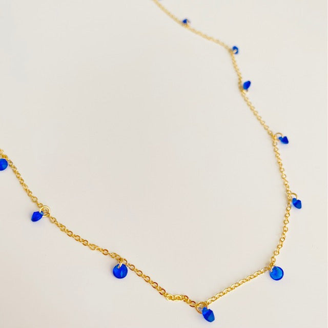 Collar Largo con Cristalitos Azules- baño de oro 18K