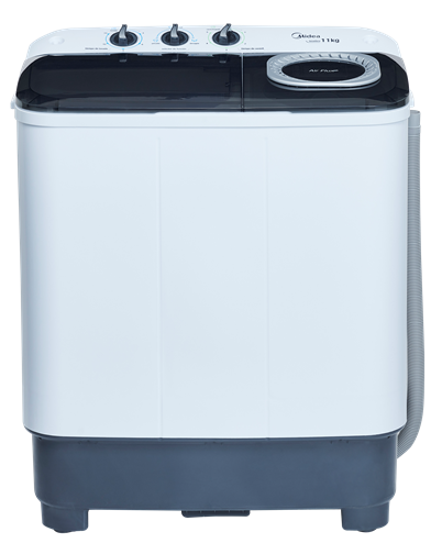 LAVADORA MIDEA DOBLE TINA MODELO MLTT11M2NUBW 11KG AIR FLUX TECHNLOGY BLANCO CON BASE Y TAPAS GRISES TRANSPARENTES