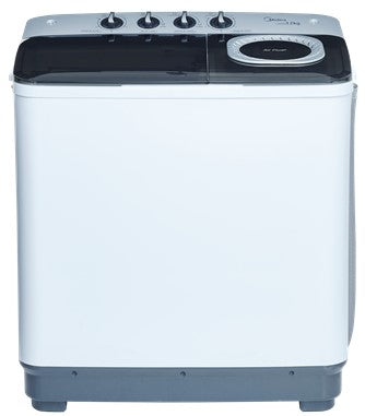 LAVADORA MIDEA DOBLE TINA MODELO MLTT12M2NUBW 12KG AIR FLUX TECHNLOGY BLANCO CON BASE, TAPAS GRISES TRANSPARENTES Y DETALLES CROMADOS