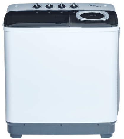 LAVADORA MIDEA DOBLE TINA MODELO MLTT14M2NUBW 14KG AIR FLUX TECHNLOGY BLANCO CON BASE, TAPAS GRISES TRANSPARENTES Y DETALLES CROMADOS