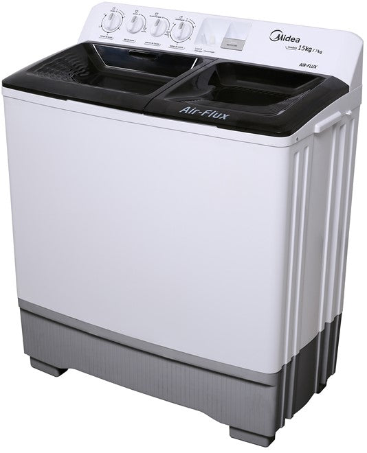 LAVADORA MIDEA DOBLE TINA MODELO MTG01W11W-04 11KG AIR-FLUX BLANCO CON BASE Y TAPAS GRISES TRANSPARENTES