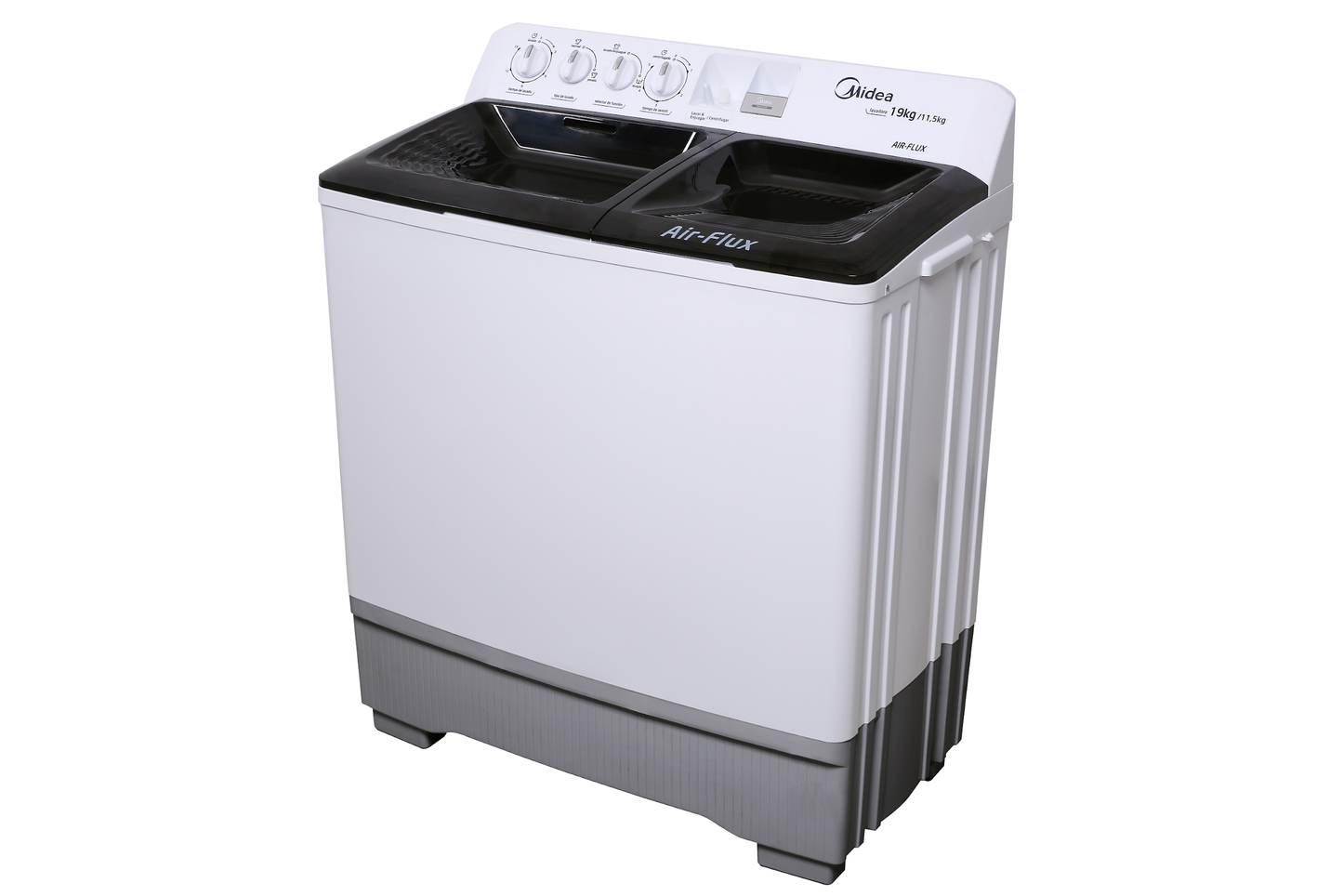 LAVADORA MIDEA DOBLE TINA MODELO MTG01W17W-04 17KG AIR-FLUX BLANCO CON BASE Y TAPAS GRISES TRANSPARENTES