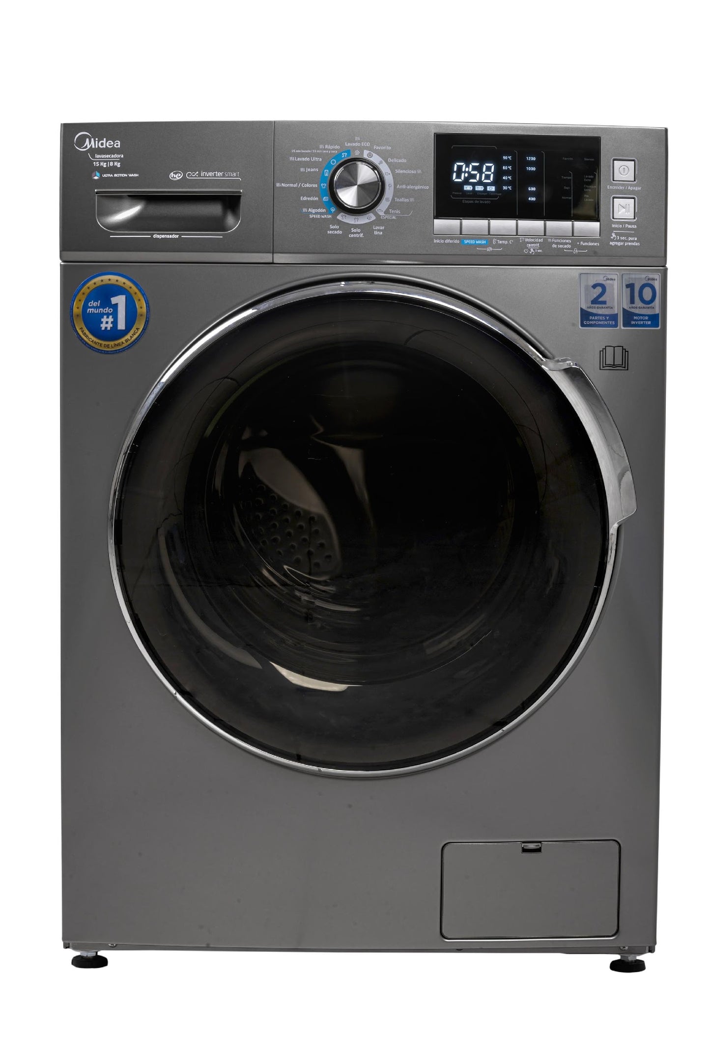 LAVASECADORA MIDEA MODELO MLCF15N2SNDF 15KG / 8KG ULTRA MOTION CUBE / COMPACT TECHNOLOGY GRAFITO CON MARCO DE PUERTA CROMADO