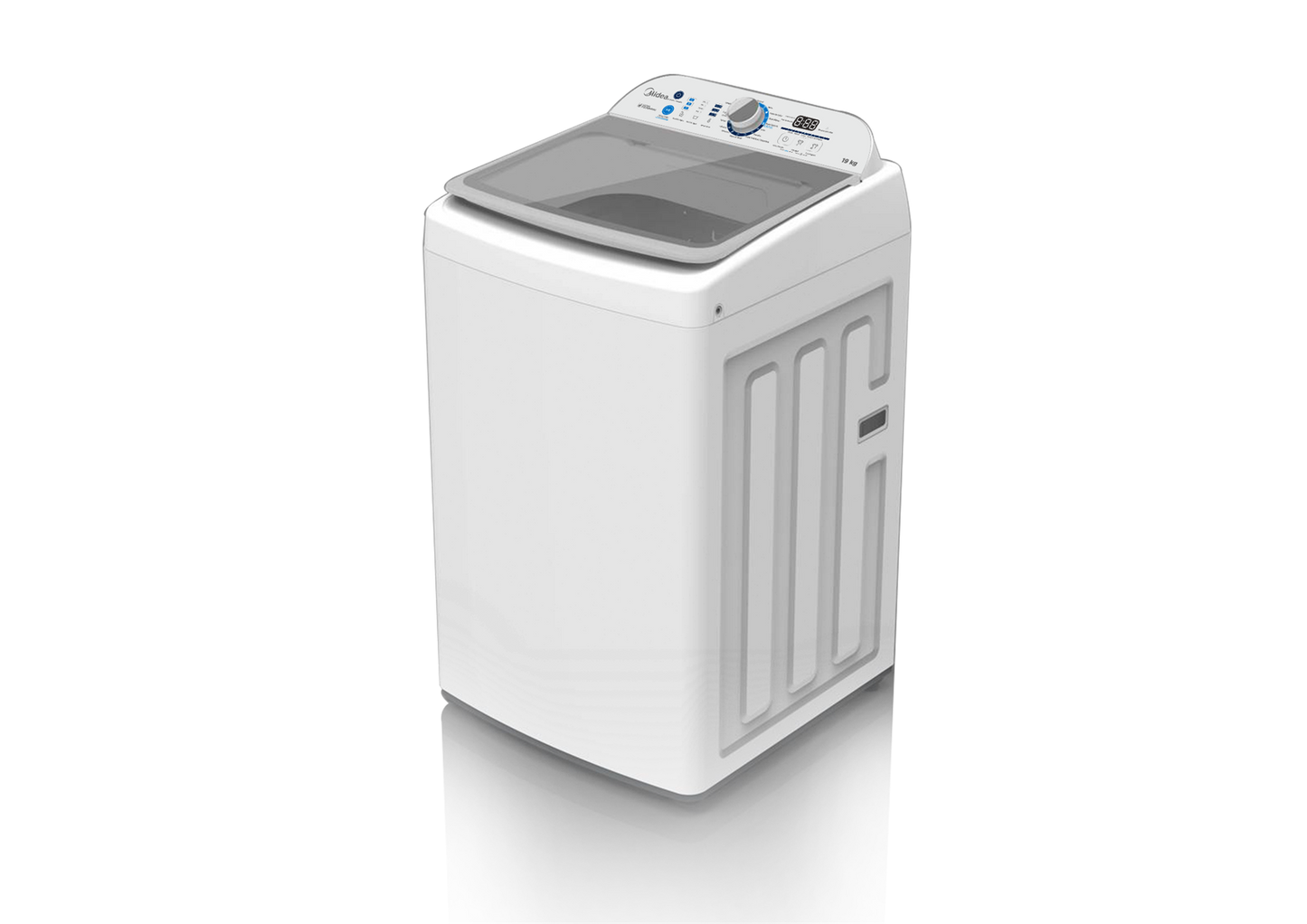 LAVADORA MIDEA CARGA SUPERIOR MODELO MLTI19D2SEGDW 19KG SISTEMA DE LAVADO ECO AUTOSENSING BLANCO CON PANEL PLATA