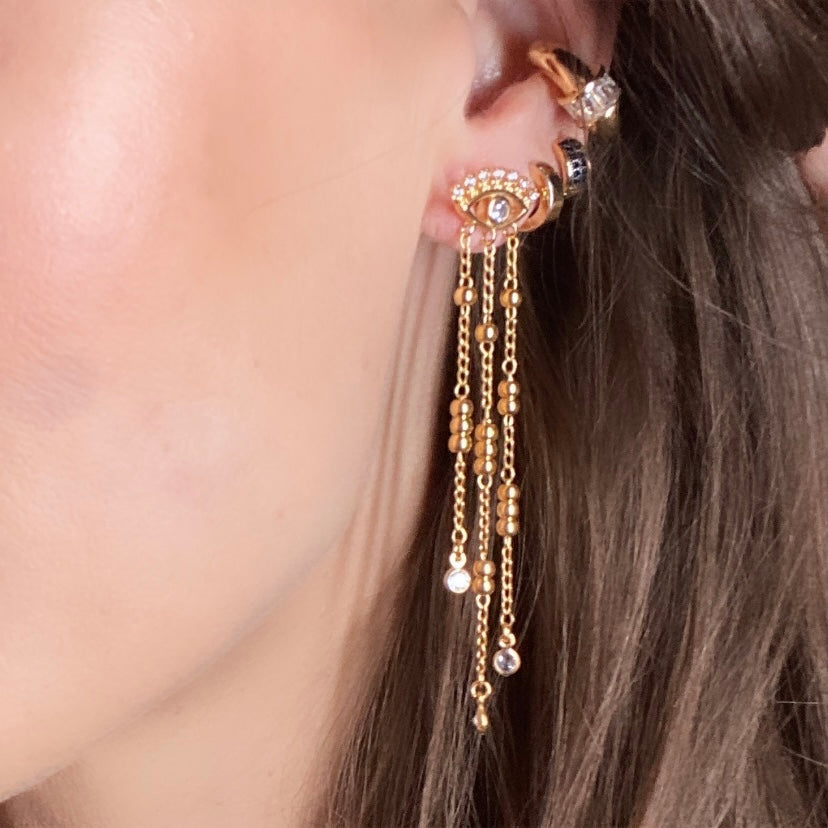 Aretes Ojo Griego con Cadenitas- Baño de Oro 18k