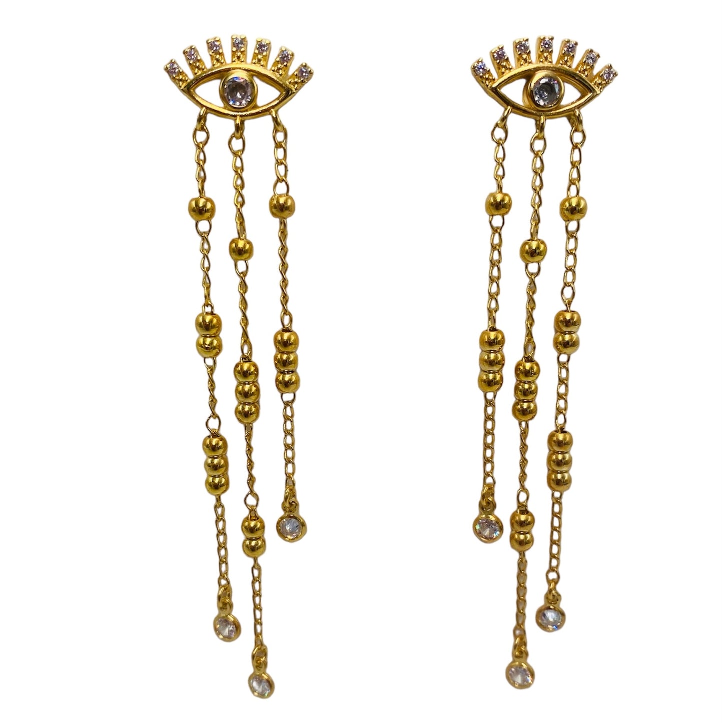 Aretes Ojo Griego con Cadenitas- Baño de Oro 18k