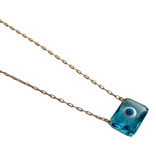 Collar Ojo Rectangular Azul-Baño de Oro 18K