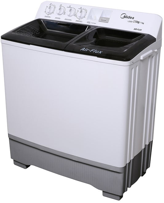 LAVADORA MIDEA DOBLE TINA MODELO MTG01W13W-04  13KG AIR-FLUX  BLANCO CON BASE Y TAPAS GRISES TRANSPARENTES